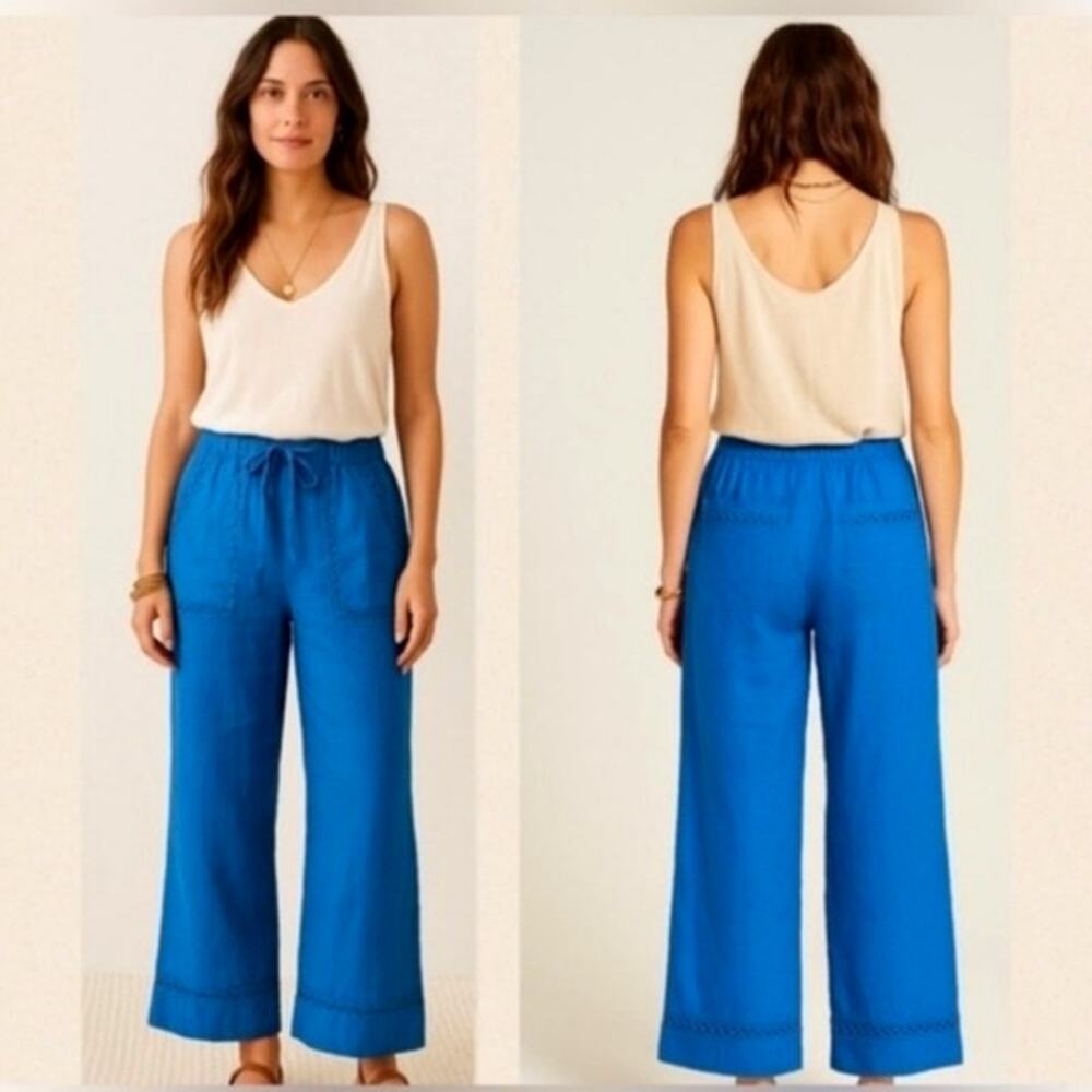 Joie Linen Wide Leg Pull On Cropped Pants Elastic Tie Waist Royal Blue XL
